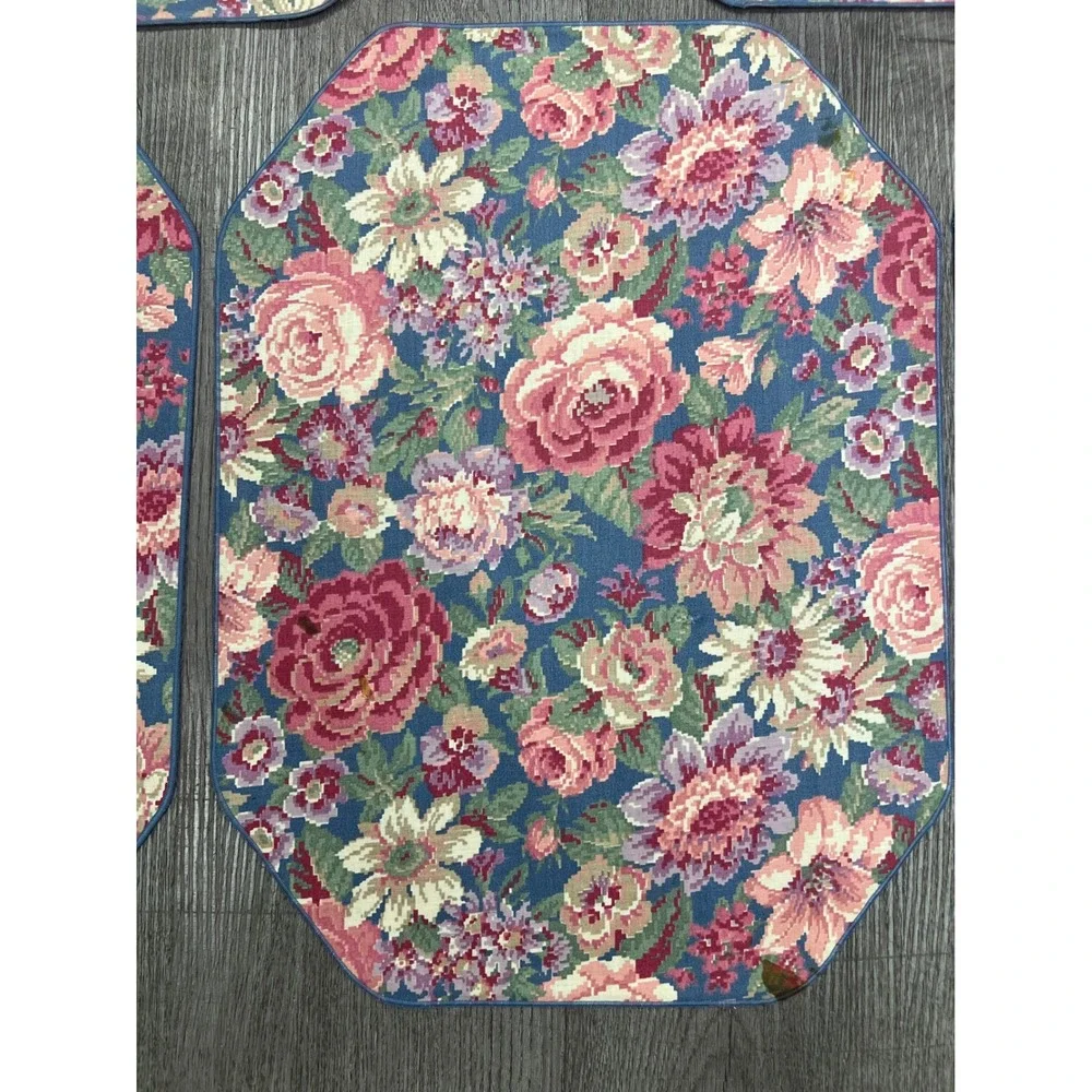 Vintage 80s 90s Quilted Placemats Set of 8 Cottagecore Cabbage Rose Floral Blue